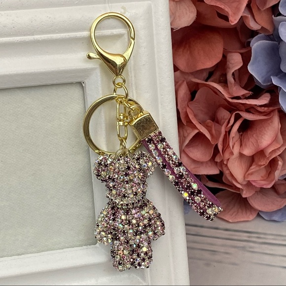 Multicolor Purple Crystal & Leather Strap Bear Keychain - Picture 2 of 13